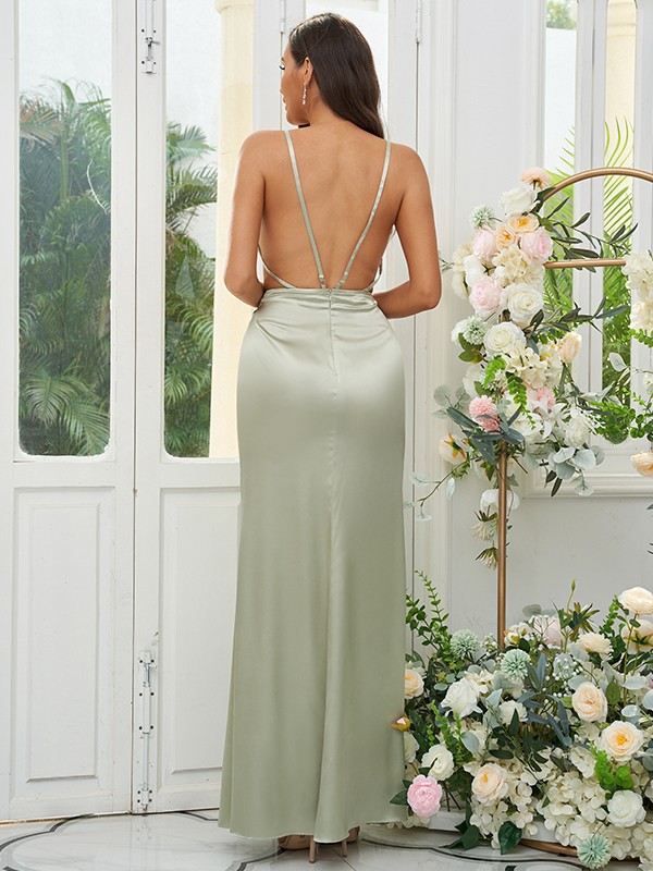 Sheath/Column Silk like Satin Ruched V-neck Sleeveless Floor-Length Bridesmaid Dresses 3084