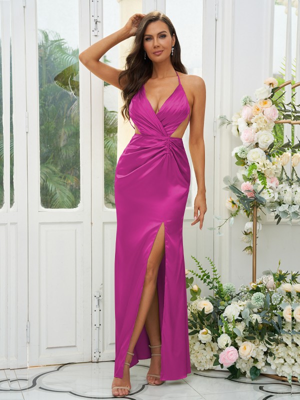 Sheath/Column Silk like Satin Ruched V-neck Sleeveless Floor-Length Bridesmaid Dresses 3084