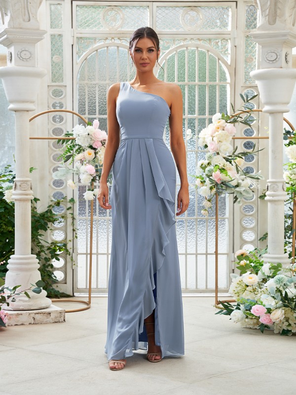 Sheath/Column Chiffon Ruffles One-Shoulder Sleeveless Floor-Length Bridesmaid Dresses 2914