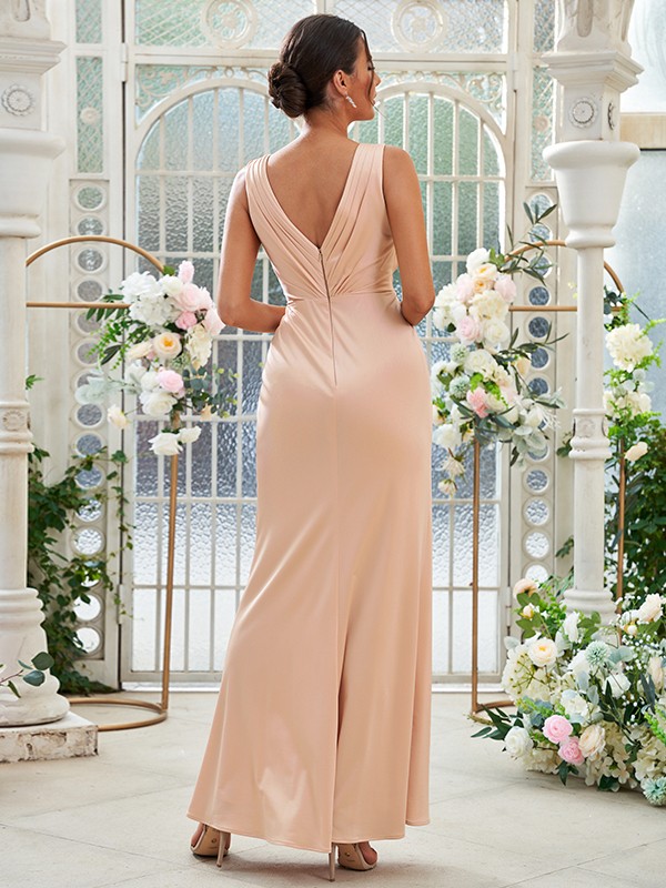 Sheath/Column Jersey Ruched V-neck Sleeveless Floor-Length Bridesmaid Dresses 2967