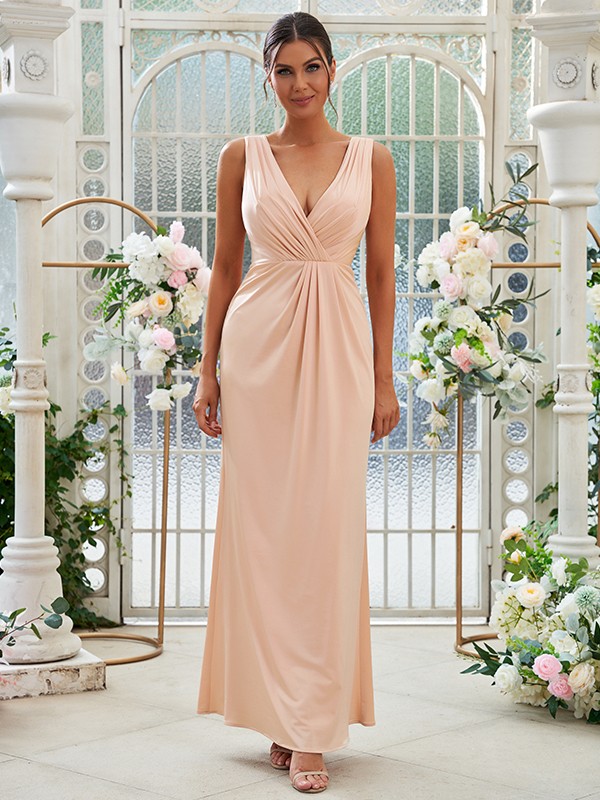 Sheath/Column Jersey Ruched V-neck Sleeveless Floor-Length Bridesmaid Dresses 2967