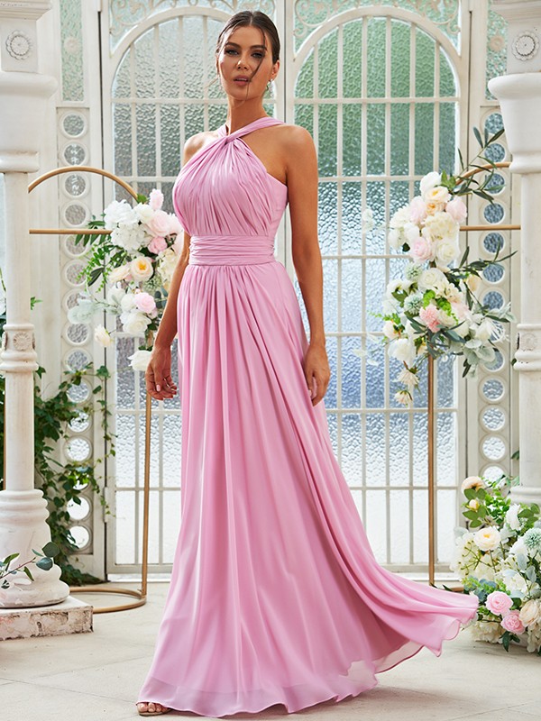 A-Line/Princess Chiffon Ruched Halter Sleeveless Floor-Length Bridesmaid Dresses 2154