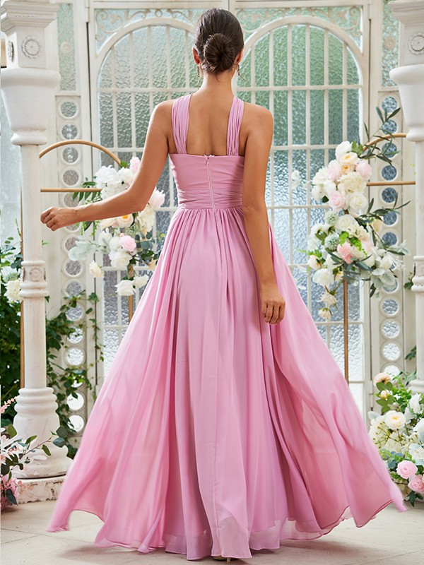 A-Line/Princess Chiffon Ruched Halter Sleeveless Floor-Length Bridesmaid Dresses 2154