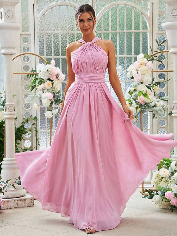 A-Line/Princess Chiffon Ruched Halter Sleeveless Floor-Length Bridesmaid Dresses 2154