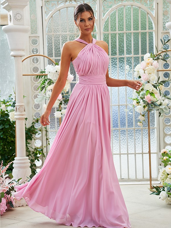 A-Line/Princess Chiffon Ruched Halter Sleeveless Floor-Length Bridesmaid Dresses 2154