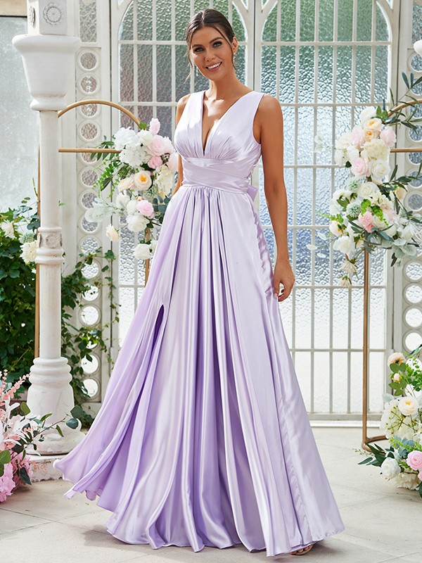 A-Line/Princess Silk like Satin Ruffles V-neck Sleeveless Floor-Length Bridesmaid Dresses 2491