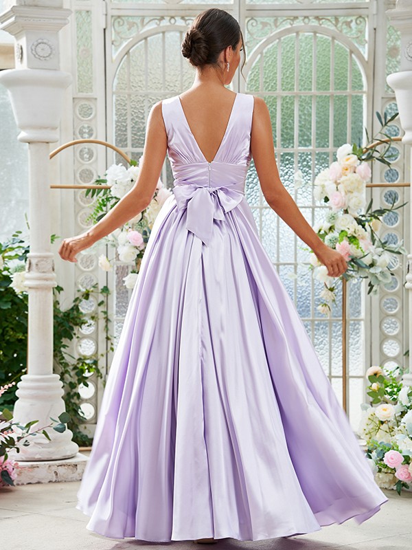 A-Line/Princess Silk like Satin Ruffles V-neck Sleeveless Floor-Length Bridesmaid Dresses 2491