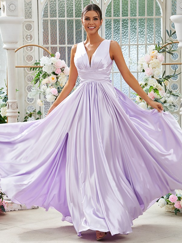 A-Line/Princess Silk like Satin Ruffles V-neck Sleeveless Floor-Length Bridesmaid Dresses 2491