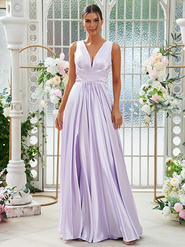 A-Line/Princess Silk like Satin Ruffles V-neck Sleeveless Floor-Length Bridesmaid Dresses 2491