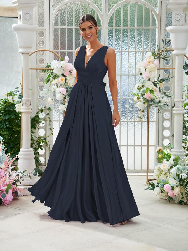 A-Line/Princess Silk like Satin Ruffles V-neck Sleeveless Floor-Length Bridesmaid Dresses 2491