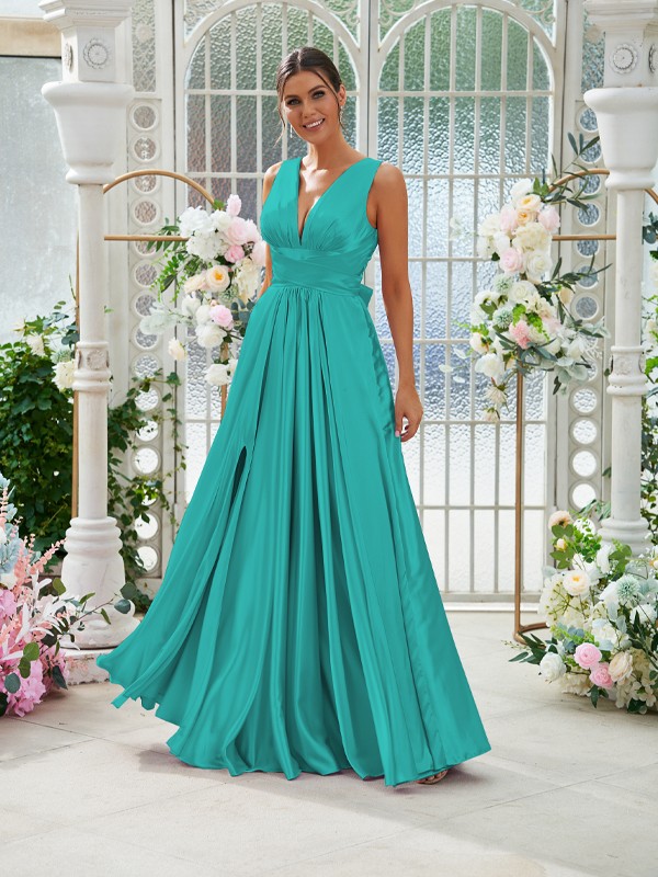 A-Line/Princess Silk like Satin Ruffles V-neck Sleeveless Floor-Length Bridesmaid Dresses 2491