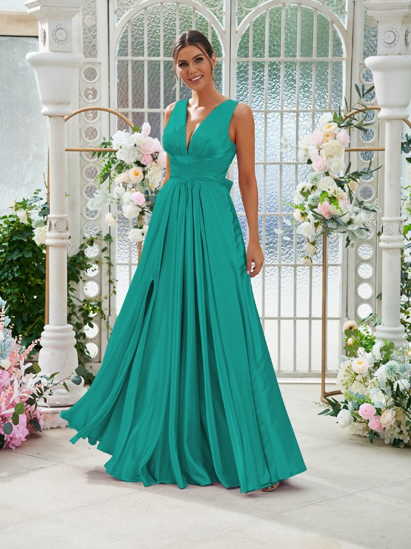 A-Line/Princess Silk like Satin Ruffles V-neck Sleeveless Floor-Length Bridesmaid Dresses 2491