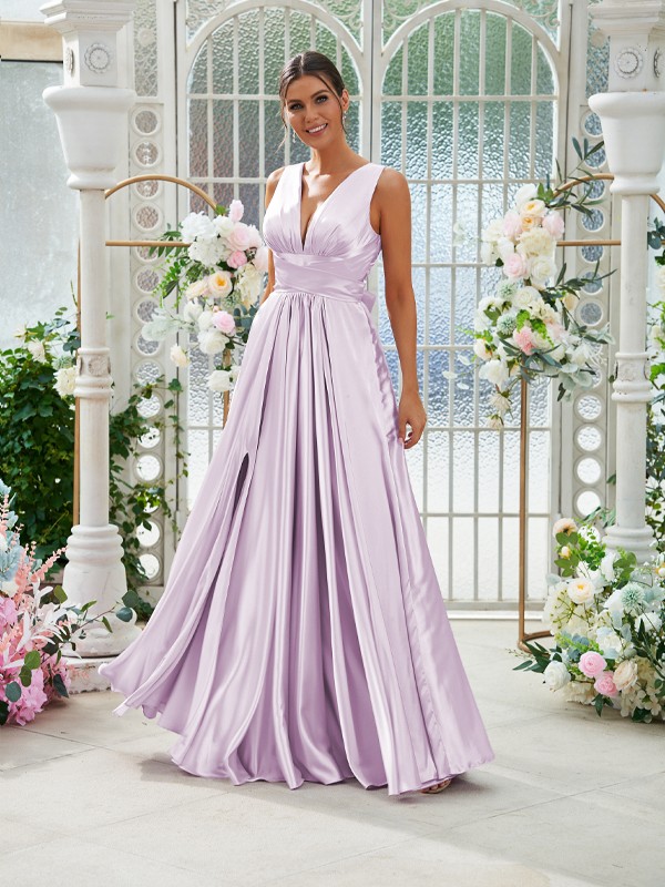 A-Line/Princess Silk like Satin Ruffles V-neck Sleeveless Floor-Length Bridesmaid Dresses 2491