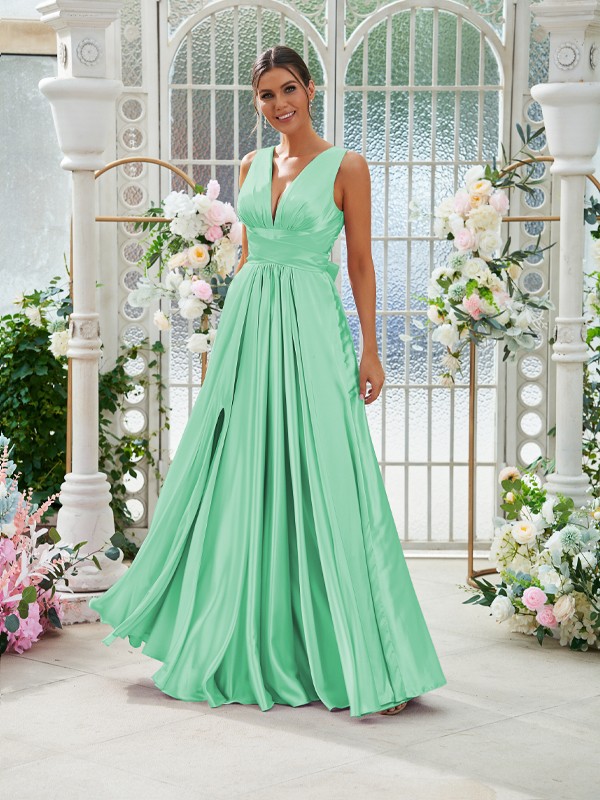 A-Line/Princess Silk like Satin Ruffles V-neck Sleeveless Floor-Length Bridesmaid Dresses 2491