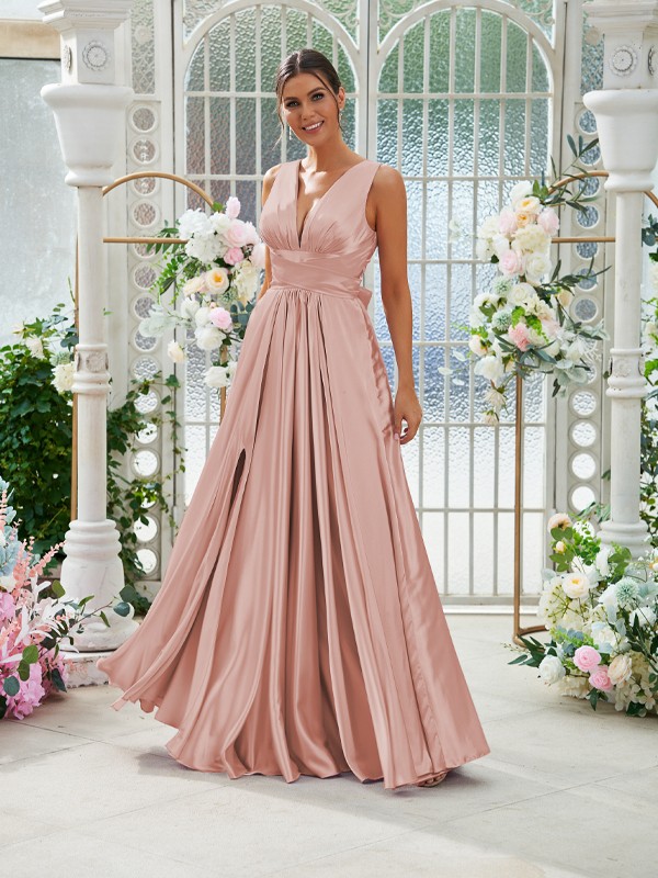 A-Line/Princess Silk like Satin Ruffles V-neck Sleeveless Floor-Length Bridesmaid Dresses 2491