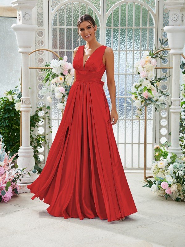 A-Line/Princess Silk like Satin Ruffles V-neck Sleeveless Floor-Length Bridesmaid Dresses 2491