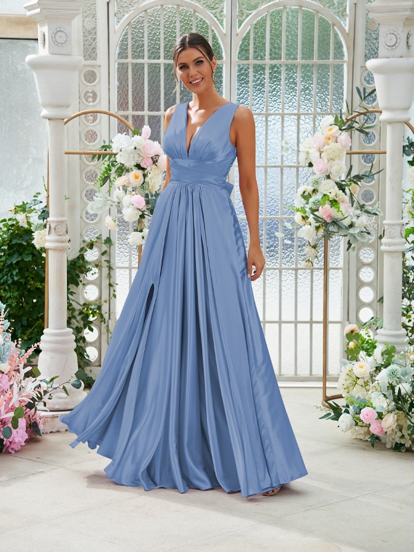 A-Line/Princess Silk like Satin Ruffles V-neck Sleeveless Floor-Length Bridesmaid Dresses 2491