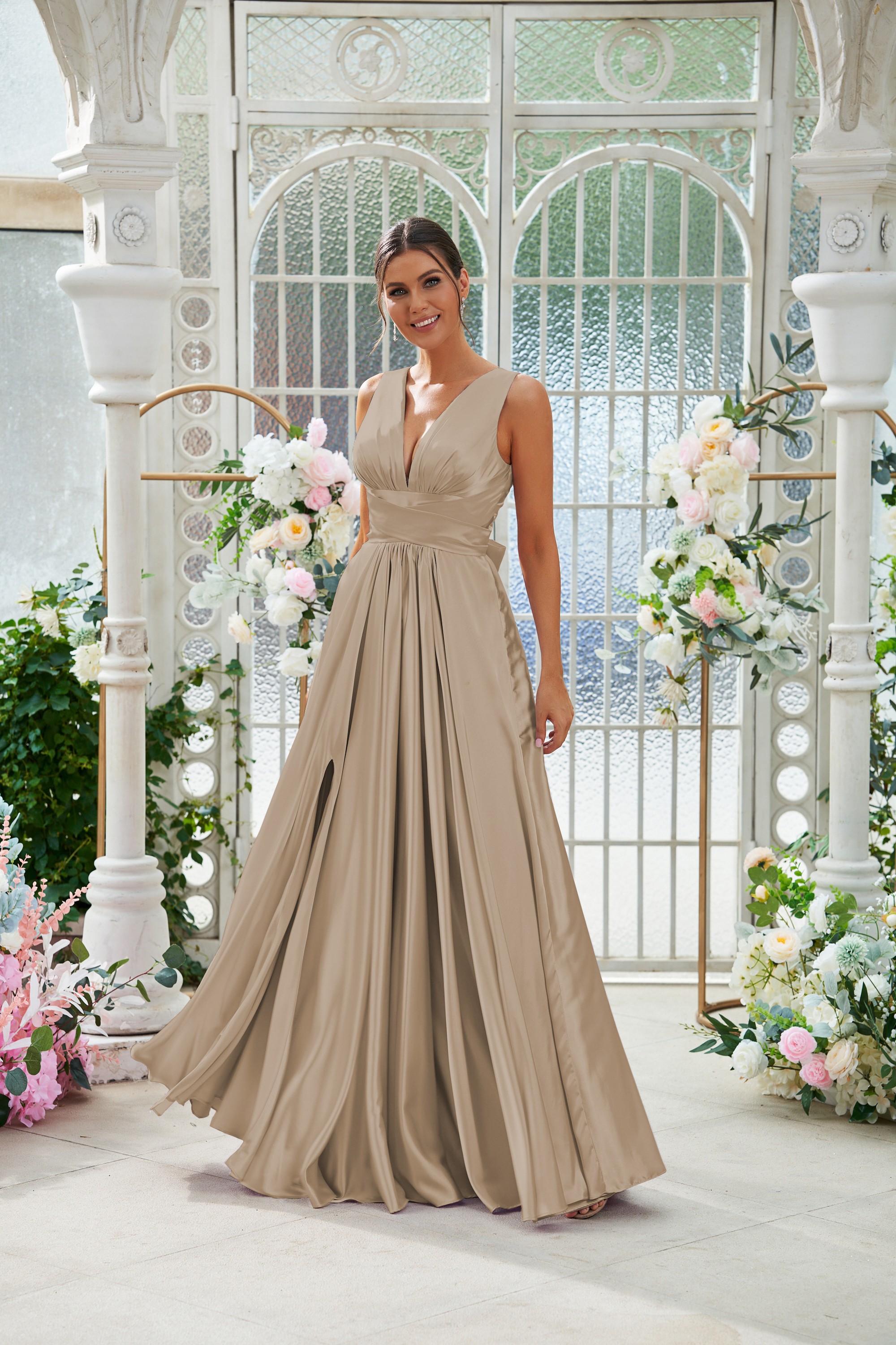 A-Line/Princess Silk like Satin Ruffles V-neck Sleeveless Floor-Length Bridesmaid Dresses 2491