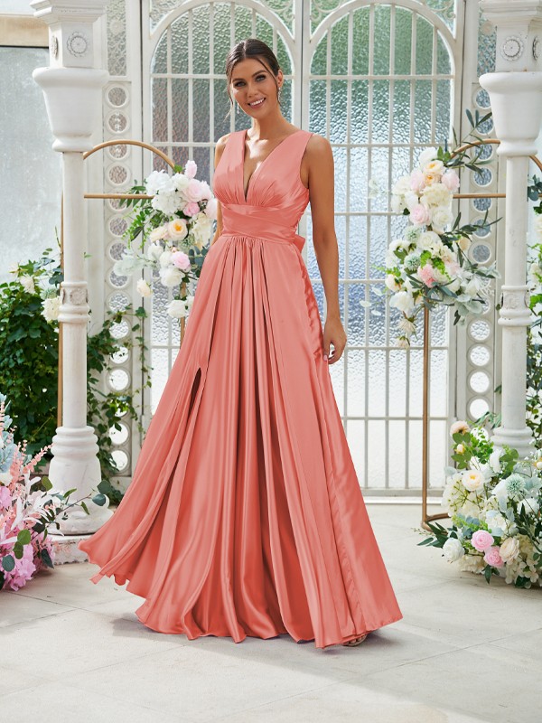 A-Line/Princess Silk like Satin Ruffles V-neck Sleeveless Floor-Length Bridesmaid Dresses 2491