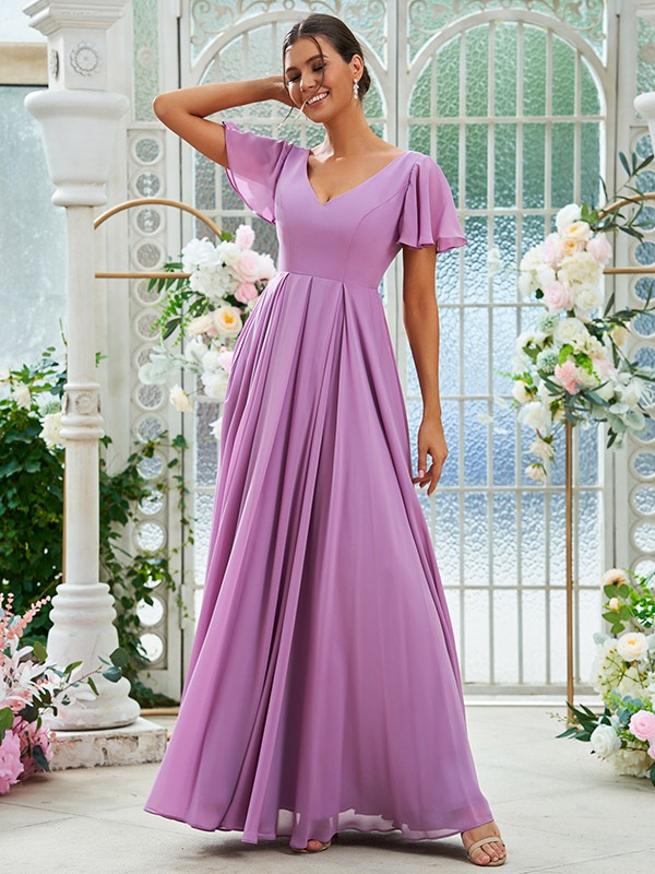 A-Line/Princess Chiffon Ruffles V-neck Short Sleeves Floor-Length Bridesmaid Dresses 2226