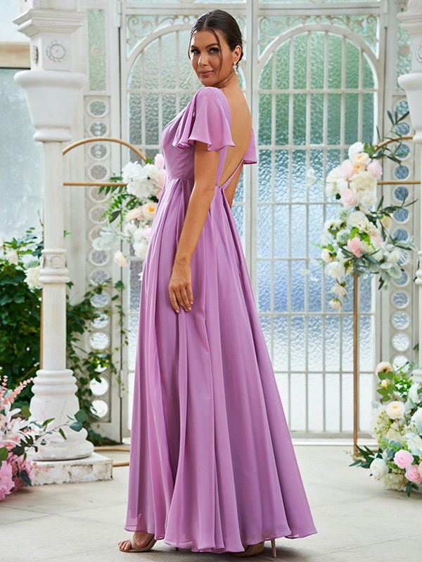 A-Line/Princess Chiffon Ruffles V-neck Short Sleeves Floor-Length Bridesmaid Dresses 2226