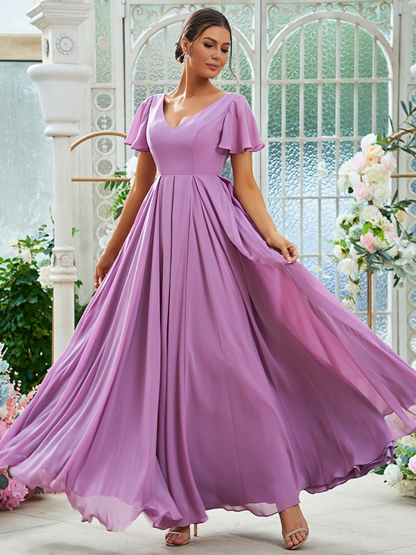 A-Line/Princess Chiffon Ruffles V-neck Short Sleeves Floor-Length Bridesmaid Dresses 2226