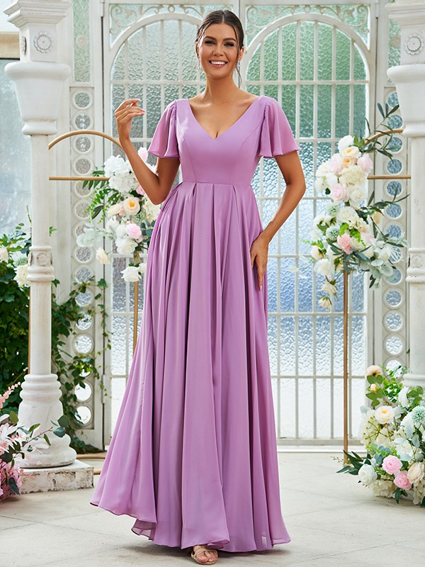 A-Line/Princess Chiffon Ruffles V-neck Short Sleeves Floor-Length Bridesmaid Dresses 2226