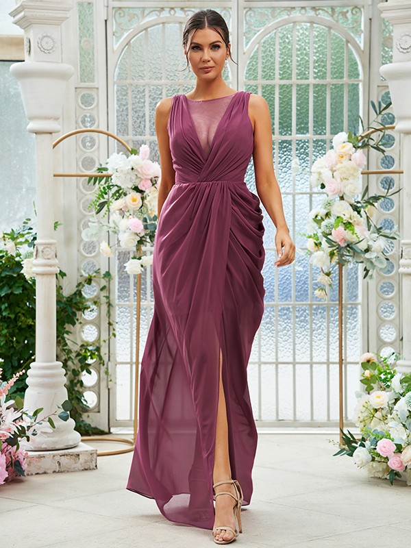 Sheath/Column Chiffon Ruched Scoop Sleeveless Floor-Length Bridesmaid Dresses 2904