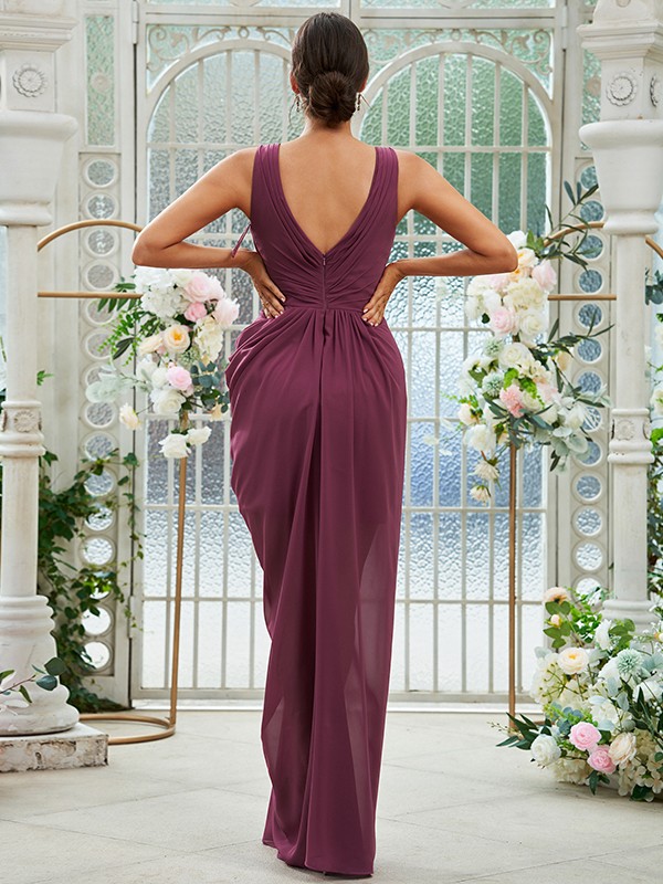 Sheath/Column Chiffon Ruched Scoop Sleeveless Floor-Length Bridesmaid Dresses 2904