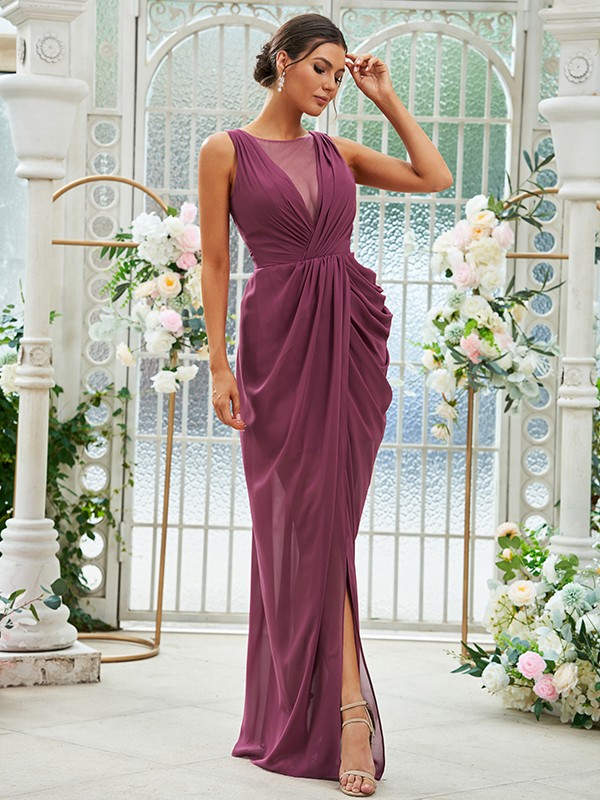 Sheath/Column Chiffon Ruched Scoop Sleeveless Floor-Length Bridesmaid Dresses 2904