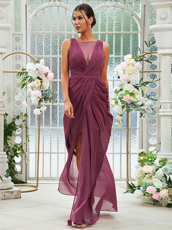 Sheath/Column Chiffon Ruched Scoop Sleeveless Floor-Length Bridesmaid Dresses 2904