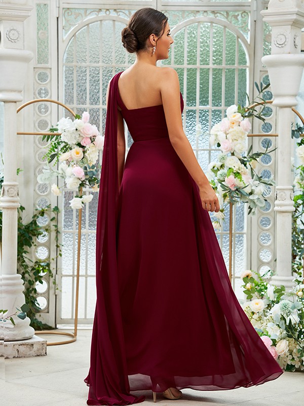 A-Line/Princess Chiffon Ruched One-Shoulder Sleeveless Floor-Length Bridesmaid Dresses 2160