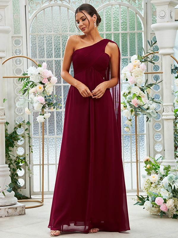 A-Line/Princess Chiffon Ruched One-Shoulder Sleeveless Floor-Length Bridesmaid Dresses 2160