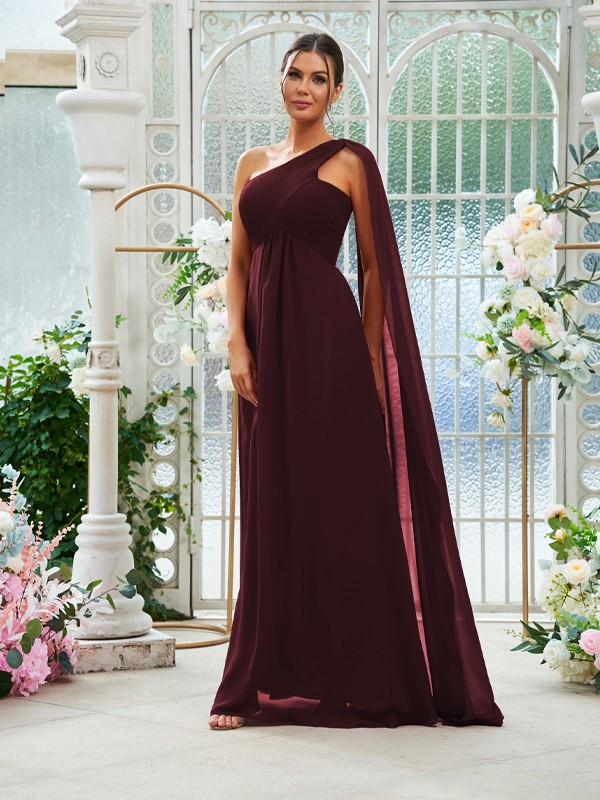 A-Line/Princess Chiffon Ruched One-Shoulder Sleeveless Floor-Length Bridesmaid Dresses 2160