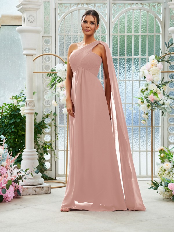 A-Line/Princess Chiffon Ruched One-Shoulder Sleeveless Floor-Length Bridesmaid Dresses 2160