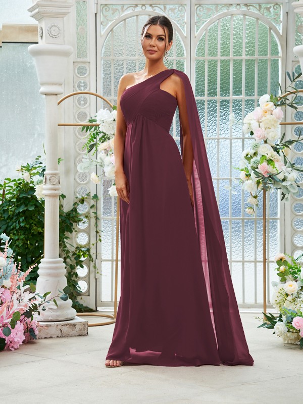 A-Line/Princess Chiffon Ruched One-Shoulder Sleeveless Floor-Length Bridesmaid Dresses 2160