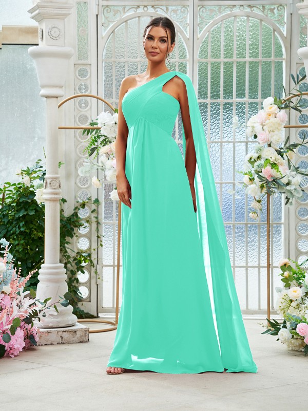 A-Line/Princess Chiffon Ruched One-Shoulder Sleeveless Floor-Length Bridesmaid Dresses 2160