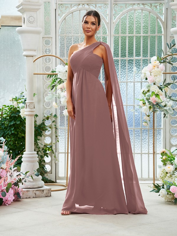 A-Line/Princess Chiffon Ruched One-Shoulder Sleeveless Floor-Length Bridesmaid Dresses 2160