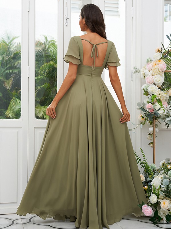 A-Line/Princess Chiffon Ruffles V-neck Short Sleeves Floor-Length Bridesmaid Dresses 2227