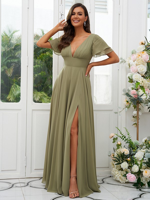 A-Line/Princess Chiffon Ruffles V-neck Short Sleeves Floor-Length Bridesmaid Dresses 2227