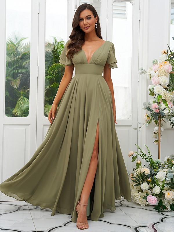 A-Line/Princess Chiffon Ruffles V-neck Short Sleeves Floor-Length Bridesmaid Dresses 2227