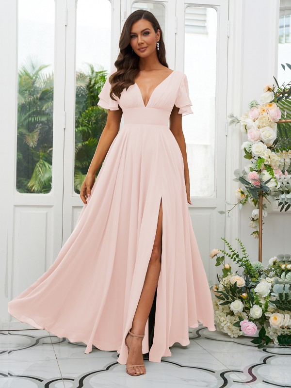 A-Line/Princess Chiffon Ruffles V-neck Short Sleeves Floor-Length Bridesmaid Dresses 2227