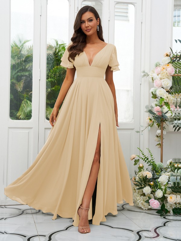 A-Line/Princess Chiffon Ruffles V-neck Short Sleeves Floor-Length Bridesmaid Dresses 2227