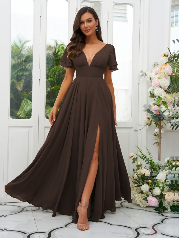 A-Line/Princess Chiffon Ruffles V-neck Short Sleeves Floor-Length Bridesmaid Dresses 2227