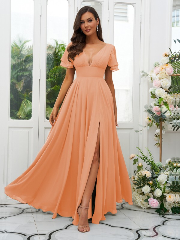 A-Line/Princess Chiffon Ruffles V-neck Short Sleeves Floor-Length Bridesmaid Dresses 2227