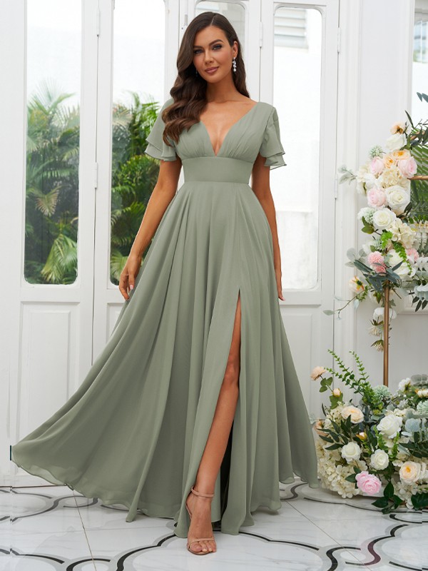 A-Line/Princess Chiffon Ruffles V-neck Short Sleeves Floor-Length Bridesmaid Dresses 2227