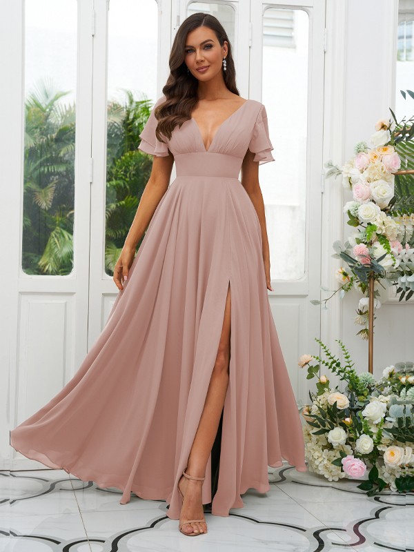 A-Line/Princess Chiffon Ruffles V-neck Short Sleeves Floor-Length Bridesmaid Dresses 2227