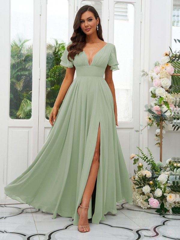 A-Line/Princess Chiffon Ruffles V-neck Short Sleeves Floor-Length Bridesmaid Dresses 2227