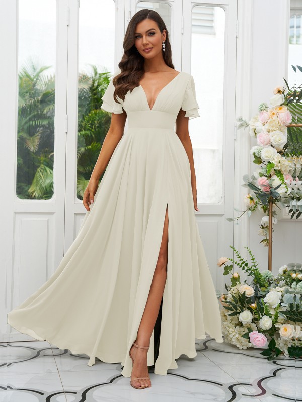 A-Line/Princess Chiffon Ruffles V-neck Short Sleeves Floor-Length Bridesmaid Dresses 2227