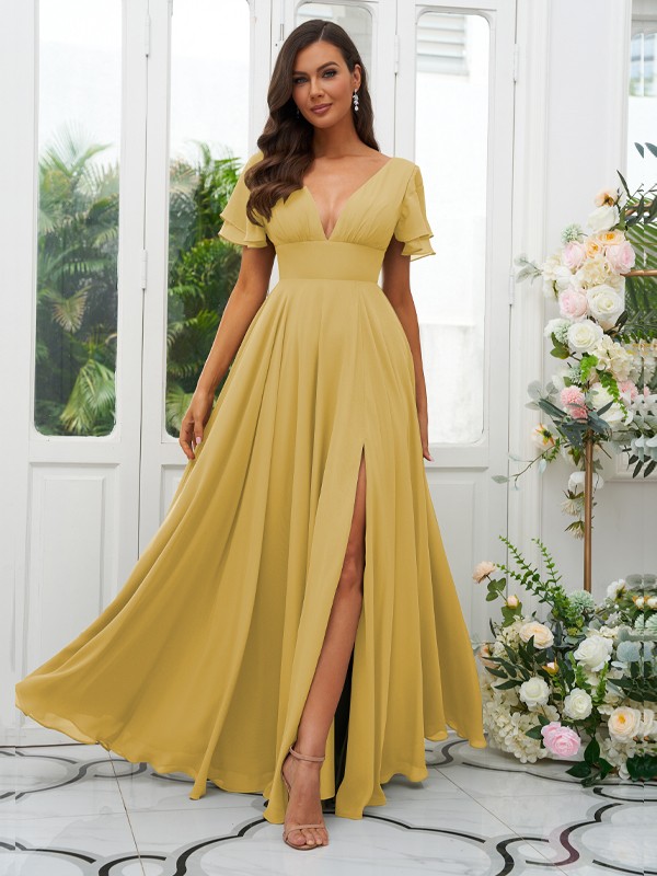 A-Line/Princess Chiffon Ruffles V-neck Short Sleeves Floor-Length Bridesmaid Dresses 2227